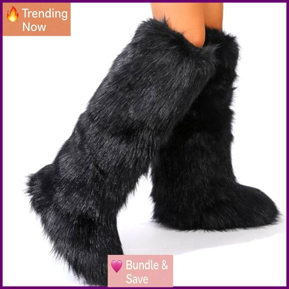 Women's Knee High Faux Fur Boots Winter Flat Snow Boots Warm Fuzzy - Picture 6 of 8